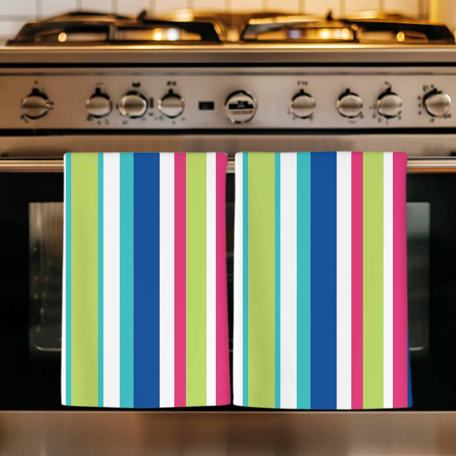 Dish Towels, Pink Blue Green Stripes Absorbent Kitchen Towels 2 PCS, Vertical Striped Lines Microfiber Hand Towels Dish Cloths Tea Towels for Home&nbsp;Bathroom Cleaning Drying,18X28-Inch,