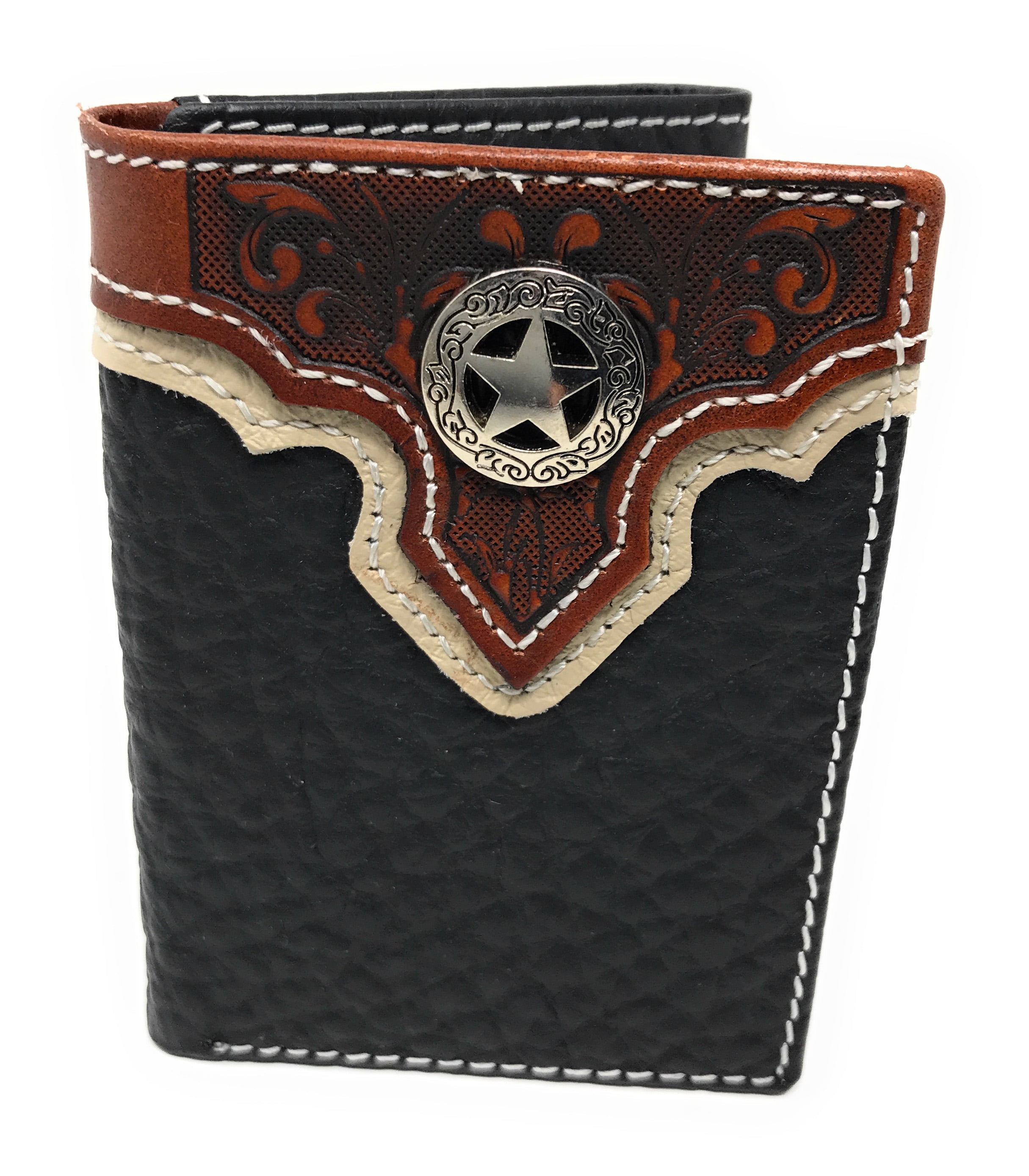 Western Tooled Genuine Leather Rodeo Men's Short Trifold Wallet in