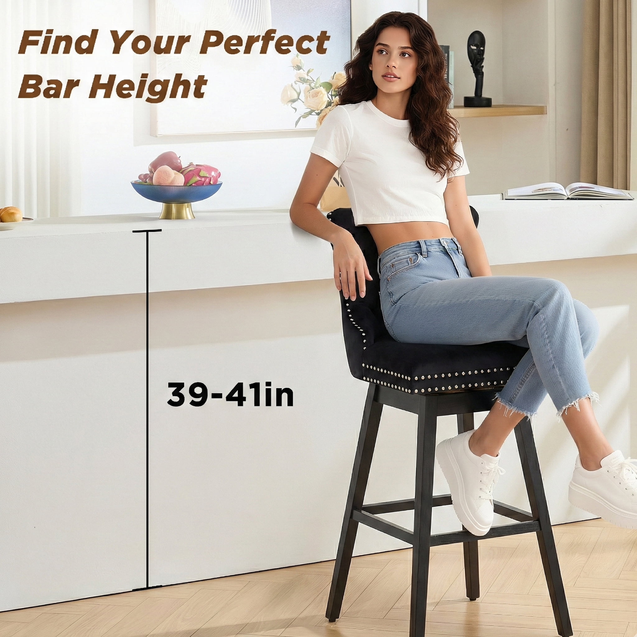 TEWLOSS 30" Swivel Bar Stools Set of 2, Black Velvet Bar Height Chairs with Back for Home Pub
