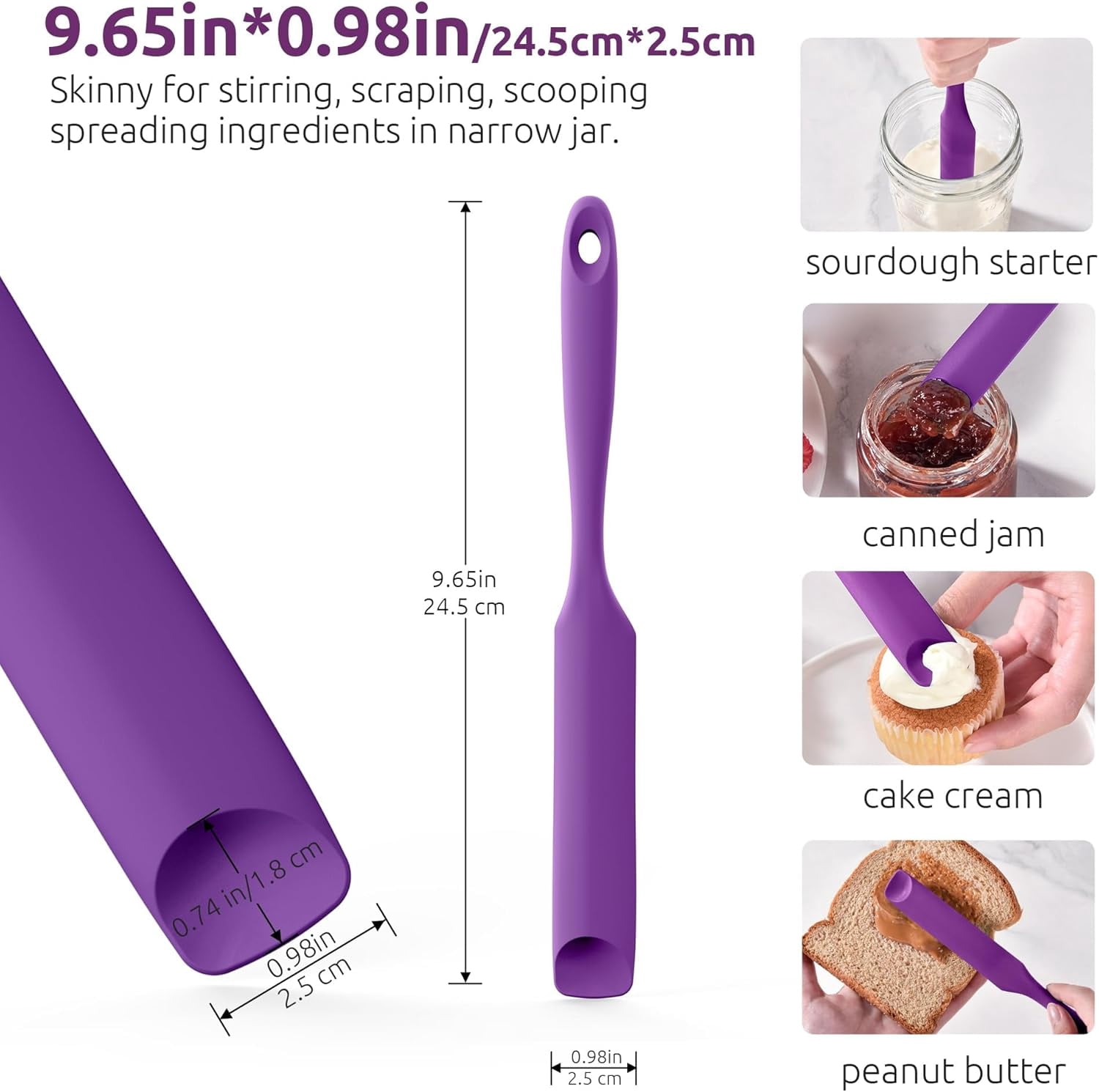 2 Piece Skinny Silicone Jar Spatula Kitchen Tweezer Set 600F Heat Resistant 10 Inch Round Tip Purple