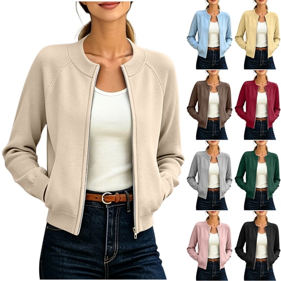 Thousandth Women's Knit Bomber Jacket Crew Neck Full Zip Long Sleeve Coats Casual Lightweight Outerwear with Pockets for Daily Wear