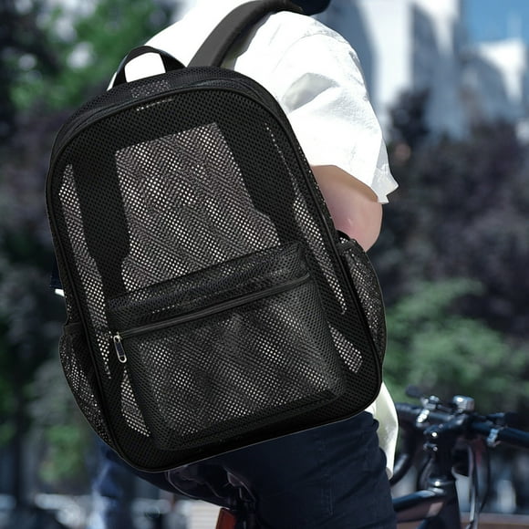 Qaailabf High Load Bearing Mesh Backpack 30x14x43cm Transparent Polyester School Work Travel Bag with Multiple Pockets Black Lightweight Breathable Beach Daypack Student Commuter Rucksack with Side