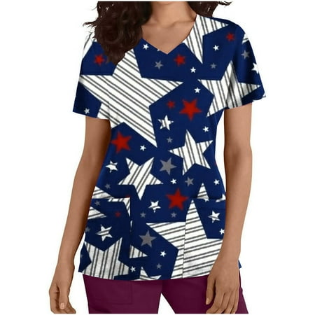 

abcnature Co.Ltd 4Th of July Scrubs Tops for Women American Flag Printed Short Sleeve Workwear T Shirts Holiday Patriotic V-Neck Uniform Blouse with Pockets