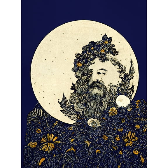 Man In The Full Moon Blue Floral Lunar Illustration Unframed Wall Art Print Poster Home Decor