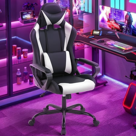 NiamVelo Racing Gaming Chair High-Back Office Chair Pu Leather Gamer Chair Ergonomic Computer Chair with Adjustable Lumbar Support & Headrest for Teens& Adults, White