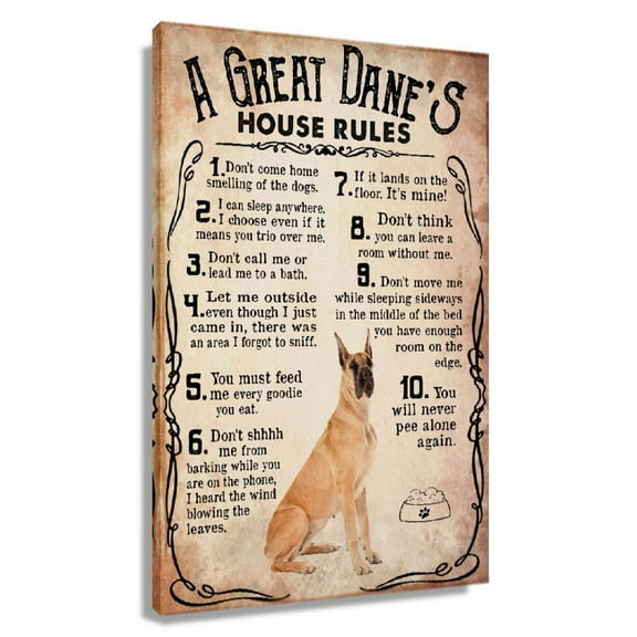 Funny Great Dane Dog Wall Art House Rules Retro Poster Decorations For Office Artwork Canvas Prints For Living Room Framed 20x30 in