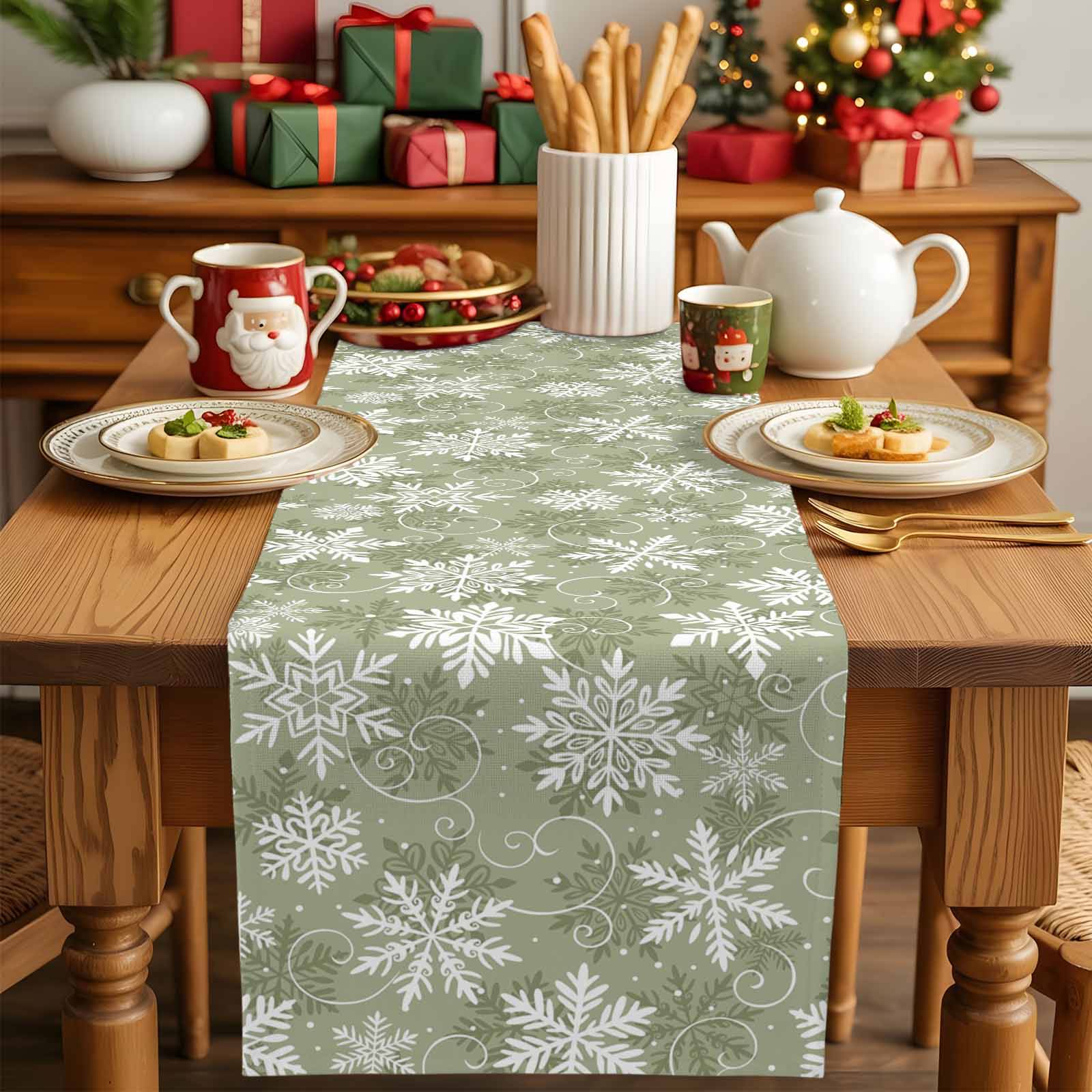 Table Runner Dresser Scarves 90 Inch Long,Sage Green Christmas Snowflake Linen Dining Table Runners