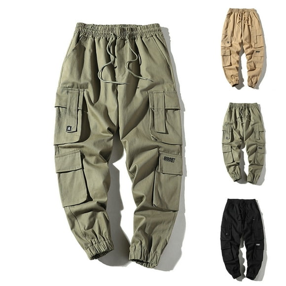 JURANMO Men's Hiking Pants, Big and Tall Cargo Pants Drawstring Elastic Waist Tapered Pants Multi-pockets Hiking Pants Soft Cotton Ripstop Outdoor Active Trousers Deals of Today Khaki XXXXL