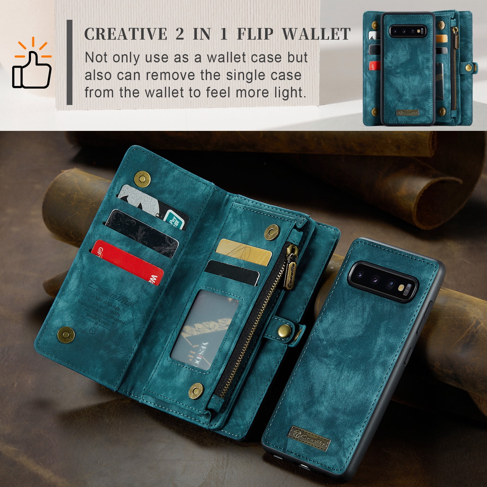 For Samsung Galaxy S10 Wallet Case,Multi-Functional Retro Leather Purse Flip Cover Zipper Wallet Case with Removable Card Slots Pocket & Detachable Wrist Strap Magnetic Phone Case, Green