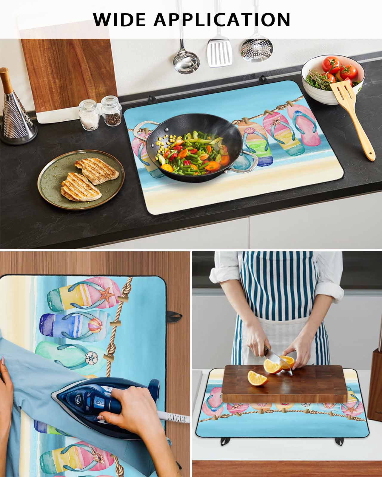 nqOlkjepod Large Induction Cooktop Protector Mat 24"x21", Beach Slippers Stove Top Covers for Electric Stove, Blue Summer Ocean Coastal Shell Stove Burner Cover Mats, Glass Top Stove Cover