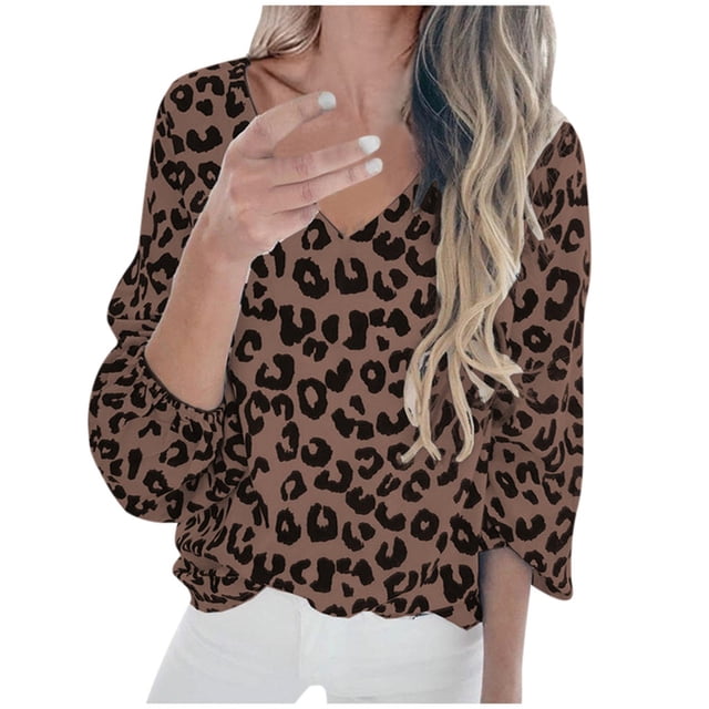 Birdeem T-Shirt à Manches Longues Lanterne à Imprimé Léopard à Col en V pour Femmes, Blouse Décontractée Populaire
