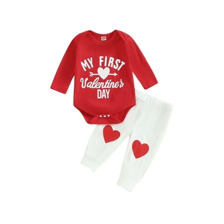 

Infant Baby Boys Girls Valentine’s Day Outfits Long Sleeve Letters Print Romper Tops + Heart Print Pants Set 2Pcs Clothes