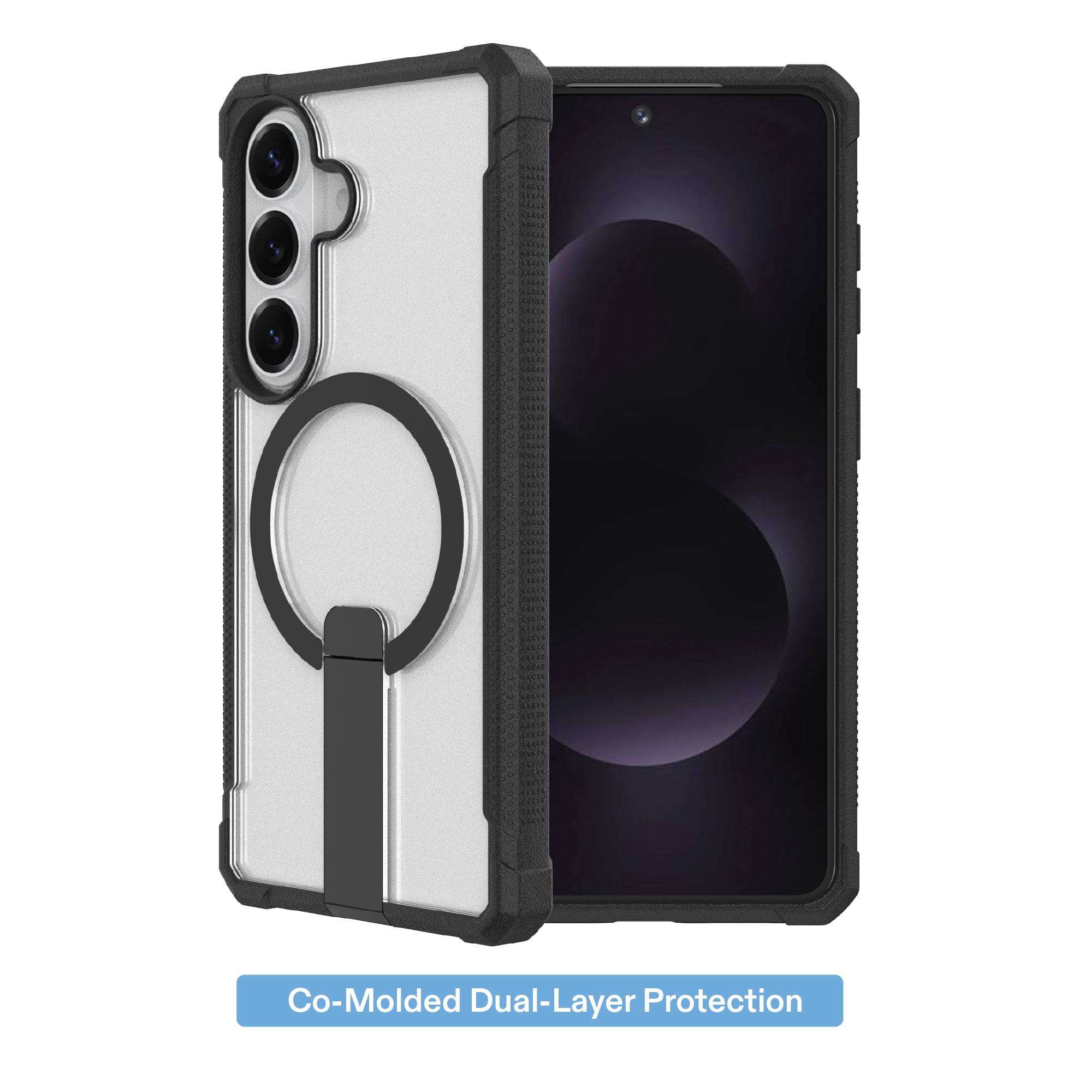 onn Magnetic Compatible Dual-Layer Phone Case with Kickstand for Samsung Galaxy S26+ - Black/Clear