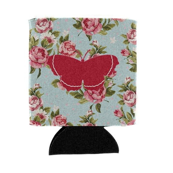 Butterfly Shabby Chic Blue Roses Can or Bottle Beverage Insulator Hugger BB1037