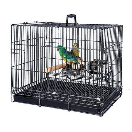 20" Metal Portable Bird Parrot Travel Veterinary Carrier Wire Cage with Wooden Stand Perch and Stainless Steel Dishes
