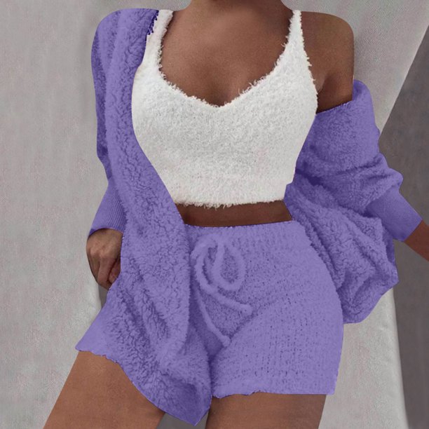 Conjunto de pijama de dos piezas de manga larga con capucha y chaquetas informales para mujer, de terciopelo de doble cara, con capucha, de manga larga, con pantalones cortos y chaqueta, abrigo y pant