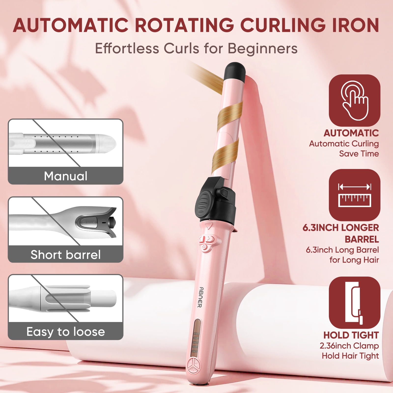 ABNER Rotating Curling Iron Set for Long Hair, Automatic Hair Curler with 3 Sizes Ceramic Barrel 0.75" 1" 1.25" to 430°F with Home Button, Dual Voltage