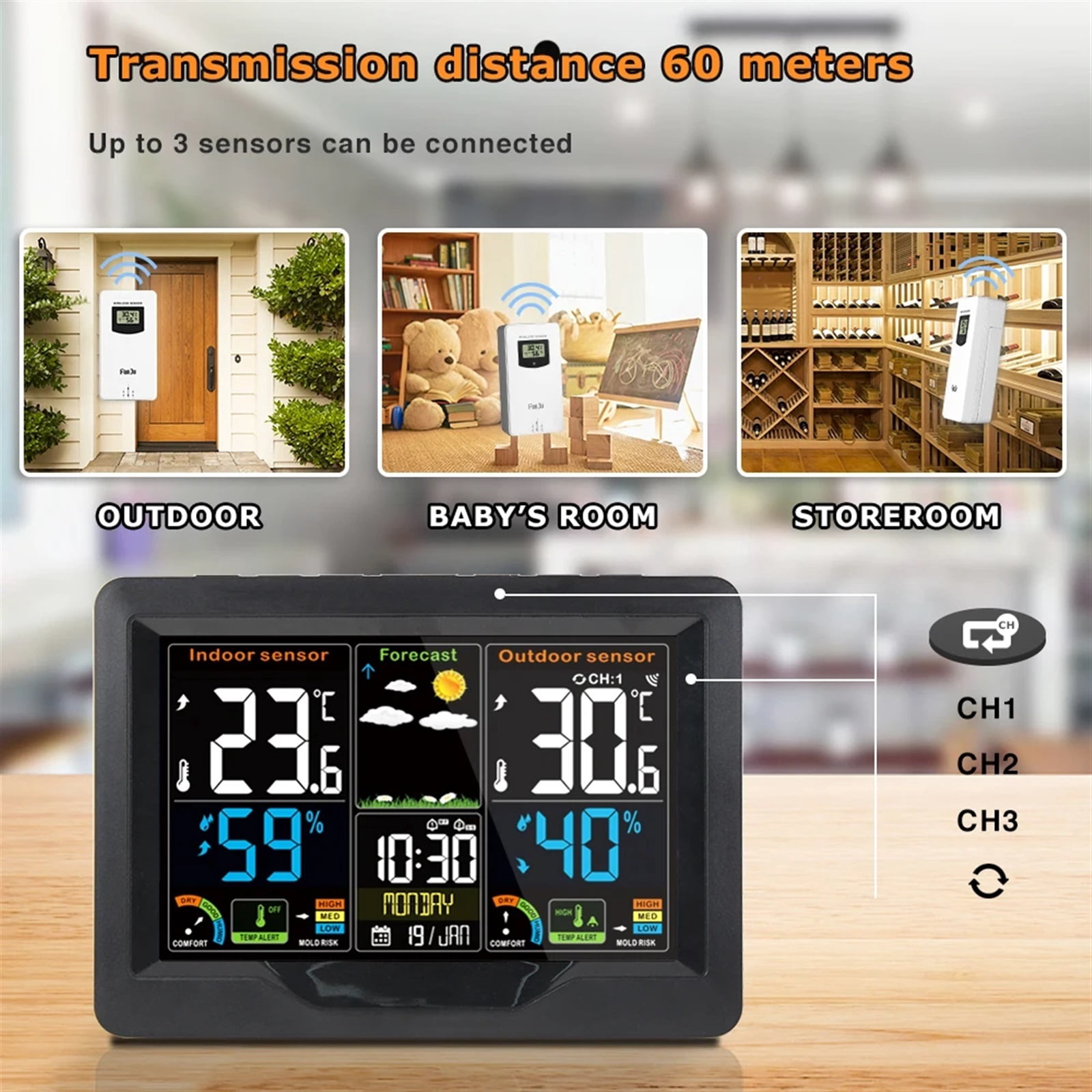 Weather Station Thermometer Humidity Forecast Mildew Grade Alarm Clock Wireless Desk Table Tool 3 with Outdoor Sensors ,High Precision