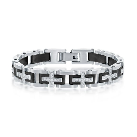 Men’s Two-Tone Bracelet with Cross Simulated Diamond CZ| Black IP Stainless Steel 8.5” Link Bracelet | Religious Jewelry for First Communion, Baptism, or Confirmation