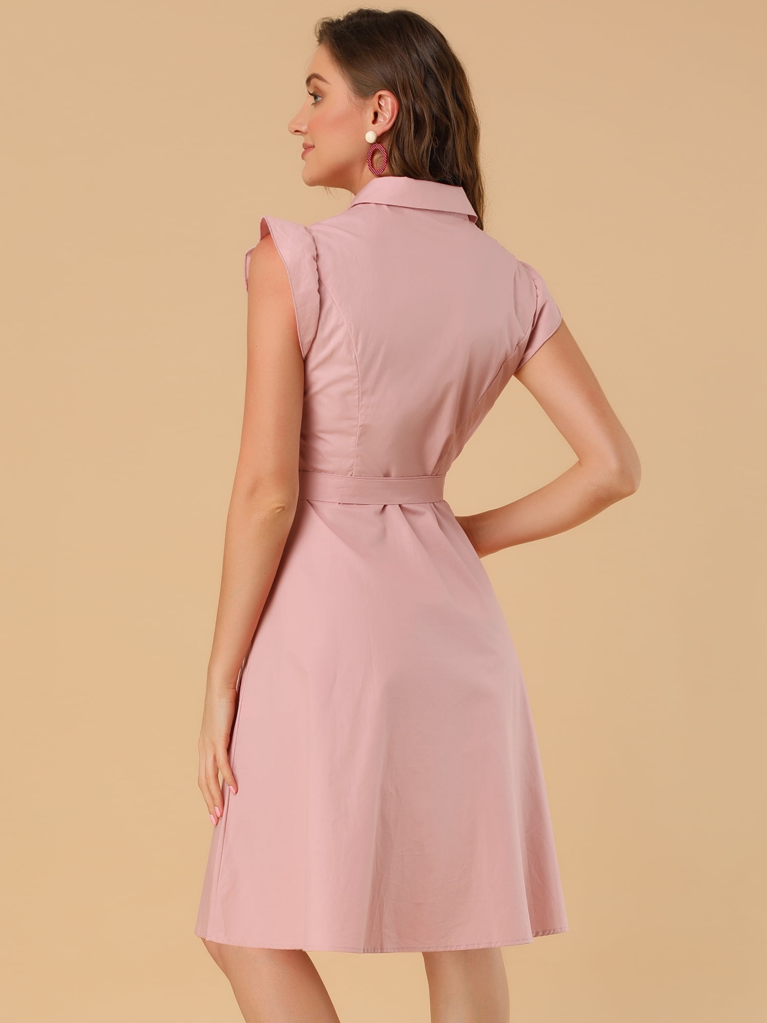 DARING DIVA Ruffled Sleeve Button Down Belted Knee Length Shirt Dress XL Pink