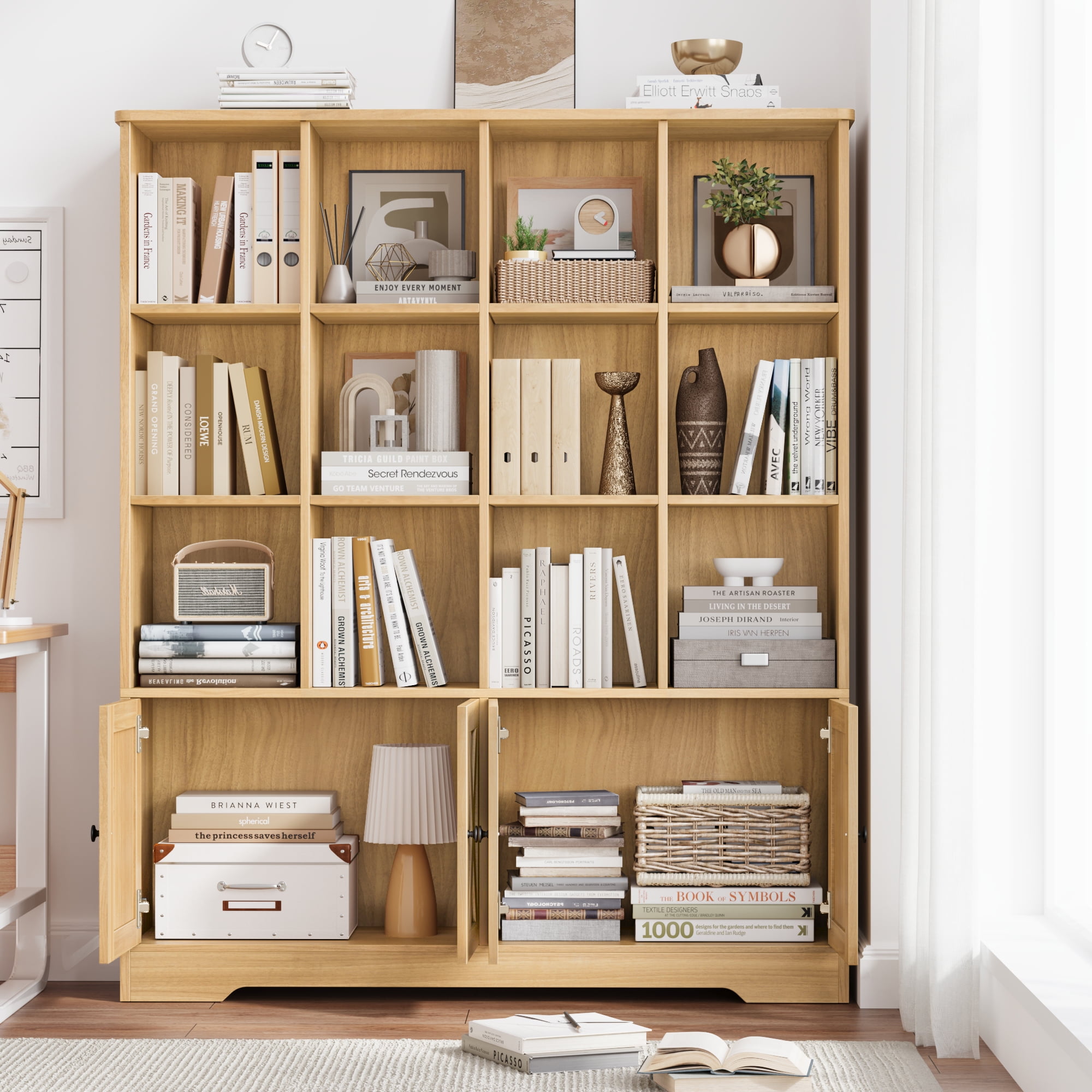 Homfa 12 Cube Double Wide Bookcase with Doors, 3 Tier Library Cabinet & Bookshelves for Home Office Living Room, Natural