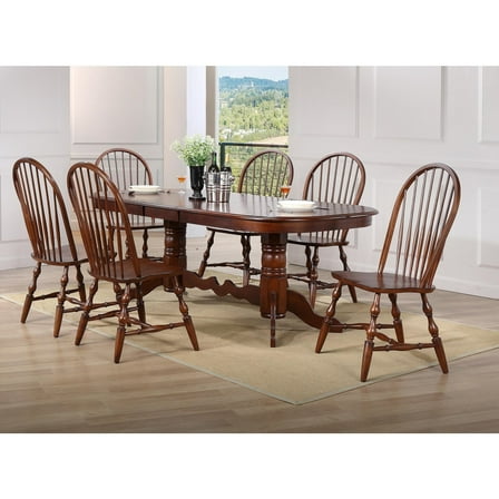 HomeStock Art Deco Dreams 7 Piece 96" Oval Double Pedestal Extendable Dining Set , Butterfly Leaf Table , Chestnut Brown , Seats 10
