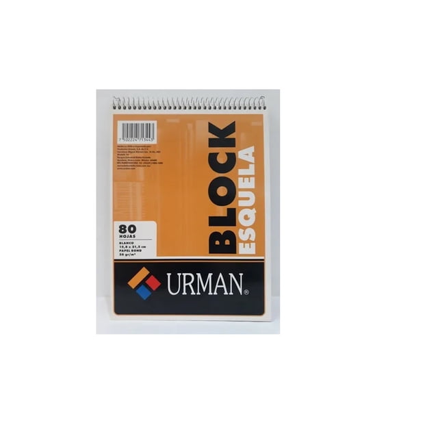 caja de block esquela con espiral metálico 80 hojas blanco urman Caja con 24 piezas: block esquela tamaño esquela, encuadernado con espiral metálico, portada naranja con texto "BLOCK ESQUELA" y logo URMAN, cada block con 80 hojas papel bond 56 g blanco. Su tamaño compacto lo hace adecuado para tomar notas rápidas en escritorios o llevar en mochilas.