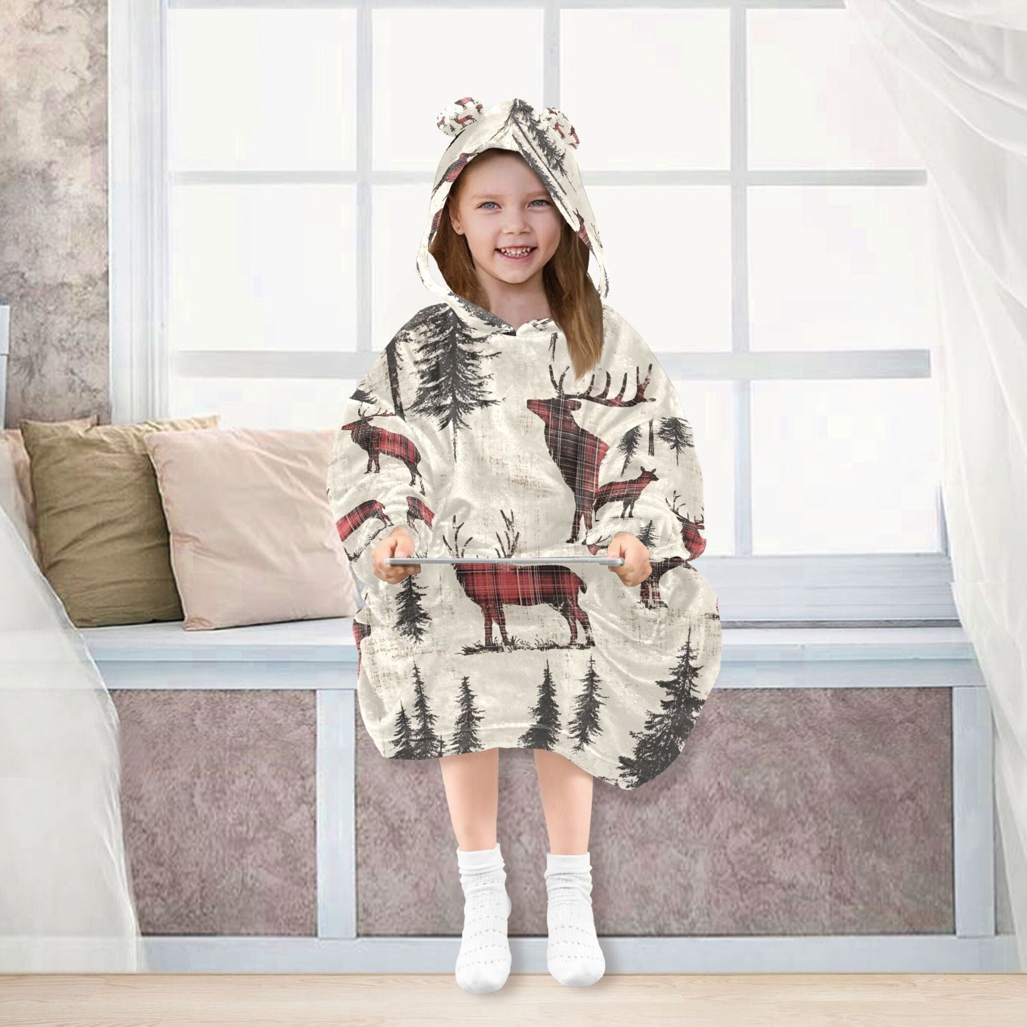 FORMRS Wearable Blanket Hoodie with Sleeves for Kids Cozy Flannel Sweatshirt, Plaid Deer