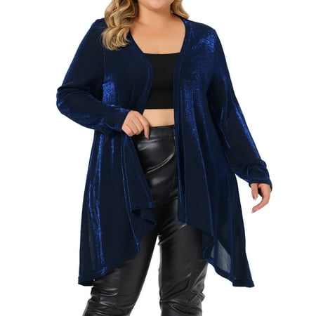 Agnes Orinda Women's Plus Size Sparkly Cardigan Metallic Shrug Long Sleeve Shiny Sequin Party Cardigan 4X Royal blue