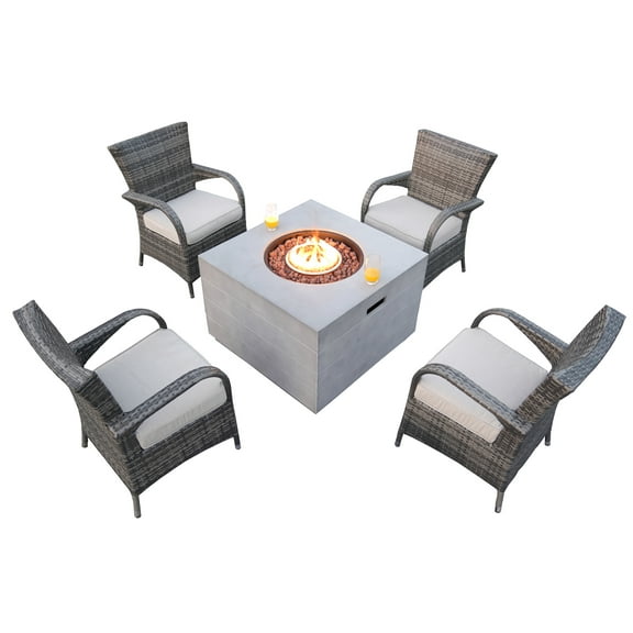 5-Piece Wicker Patio Dining Set, Outdoor Gas Firepit Set with Gray Rattan Cushions