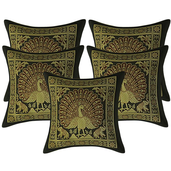 Stylo Culture Indian Decorative Brocade Black And Gold Throw Pillow Covers 12x12 Jacquard Weave Banarasi Spring Throw Pillow Covers Dancing Peacock Floral 30x30 cm Cushion Covers (Set Of 5)