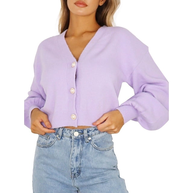 Missguided Long-Sleeve V-Neck Faux Pearl Button Cardigan Lilac Size 2 US NWT