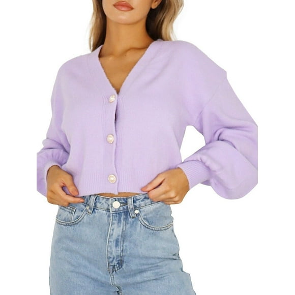 Missguided Long-Sleeve V-Neck Faux Pearl Button Cardigan Lilac Size 2 US NWT