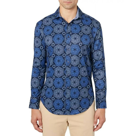 Tallia NAVY Slim-Fit Performance Stretch Medallion-Print Shirt, US Small