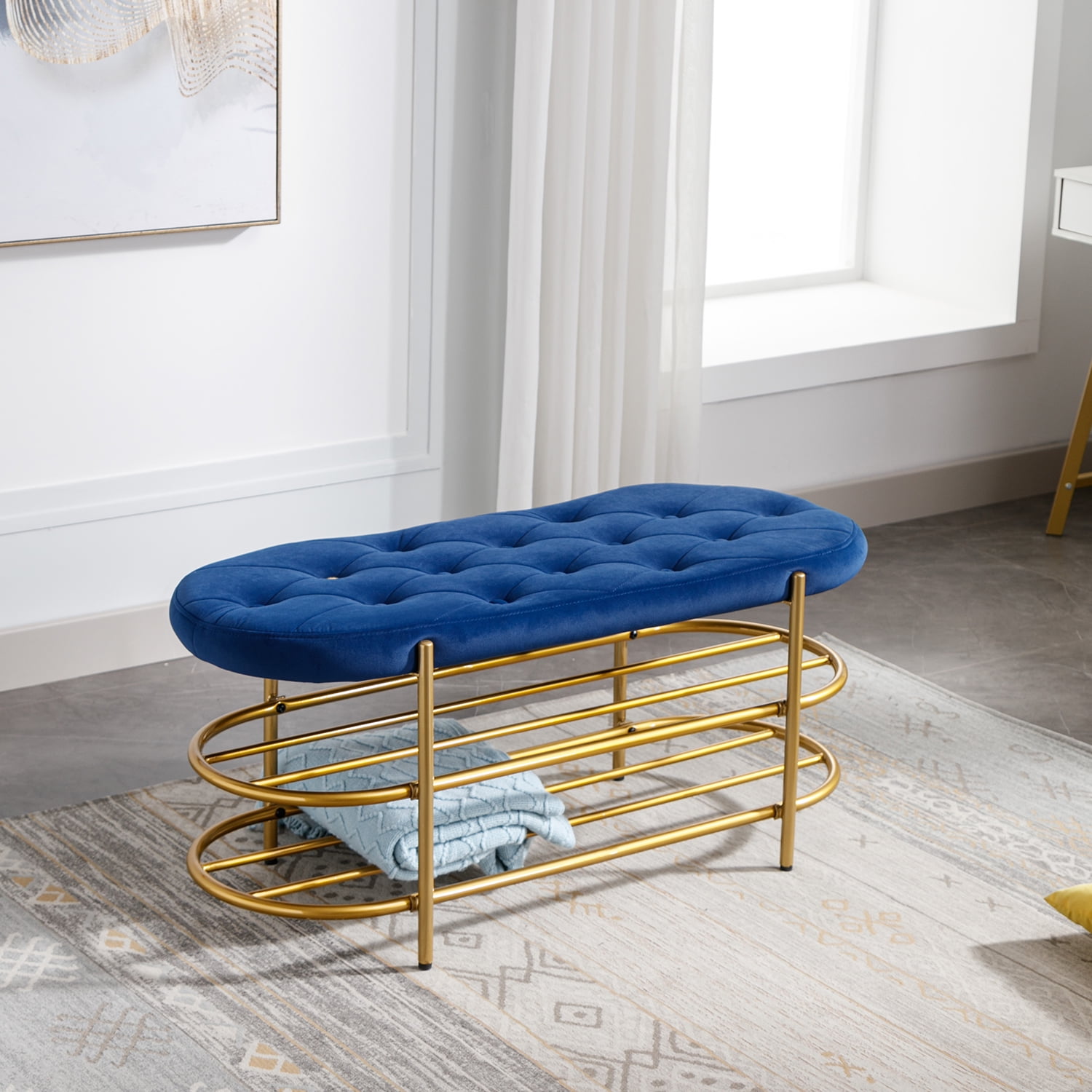 Kepooman Navy Beach, Upholstered End of Bed Bench with 2 Shelf, Velvet Storage Beach for Living Room Kepooman Navy Beach, Upholstered End of Bed Bench with 2 Shelf, Velvet Storage Beach for Living Room