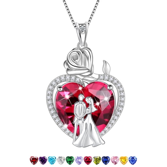 Juwaliy Couple Necklace for Women 925 Sterling Silver 15MM Heart July Birthstone Rose Pendant Wedding Engagement Jewelry Valentines Day Gift for Her Wife/Girlfriend/Bride