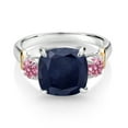 thumbnail image 2 of Gem Stone King 925 Silver and 10K Yellow Gold Blue Sapphire and Pink Lab Grown Diamond 3 Stone Ring for Women (5.10 Cttw, Gemstone September Birthstone, Cushion 10MM, Round 4MM, Size 9), 2 of 3