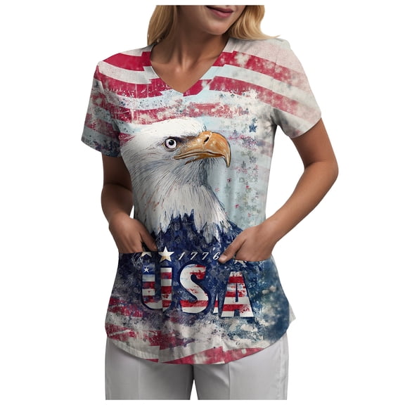 COMVALUE Patriotic Shirts for Women Short Sleeve V-Neck Fourth of July Scrub Top Medical Nursing Uniforms (Red, L)