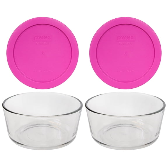Pyrex (2) 7201 4-Cup Glass Storage Bowls and (2) 7201-PC Berry Pink Plastic Lids