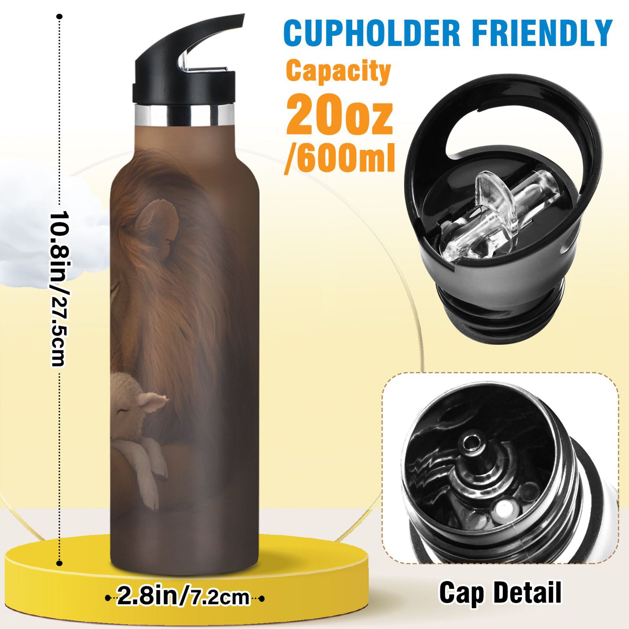 600ML Stainless Steel Insulated Cup Sports Water Bottle Portable Thermos Cup Water Glasses Insulated Tumblers Convenient and Durable Sleeping Lions and Sheep