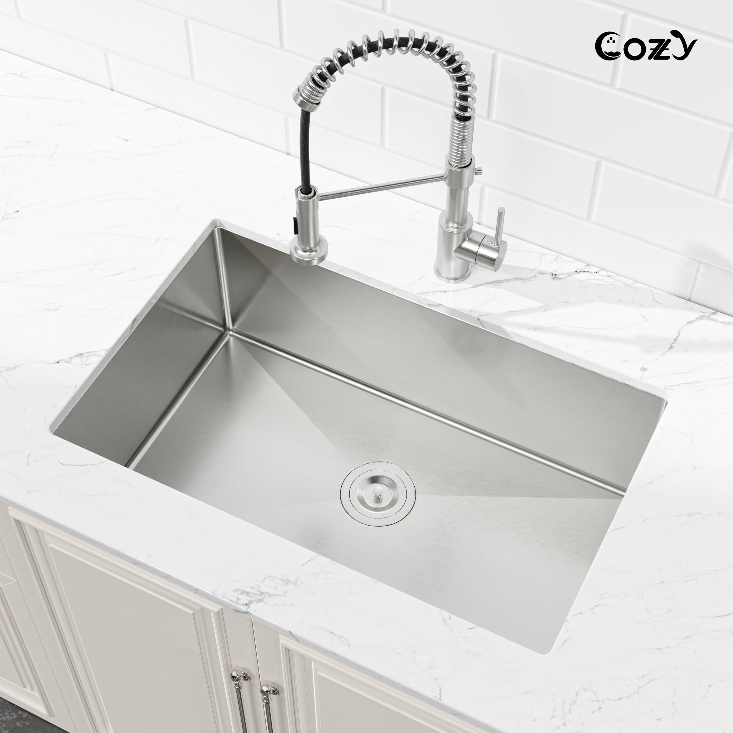COZY 30″x19″ Stainless Steel Kitchen Sink, Drop In Single Bowl, Undermount Handmade Sink in Brushed Nickel, with US Standard Drain and Hook, SS-BR04D-301908