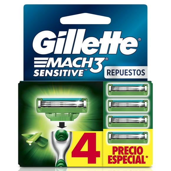 Rastrillo Gillette Mach3 Sensitive 4 Repuestos con Aloe, Piel Sensible