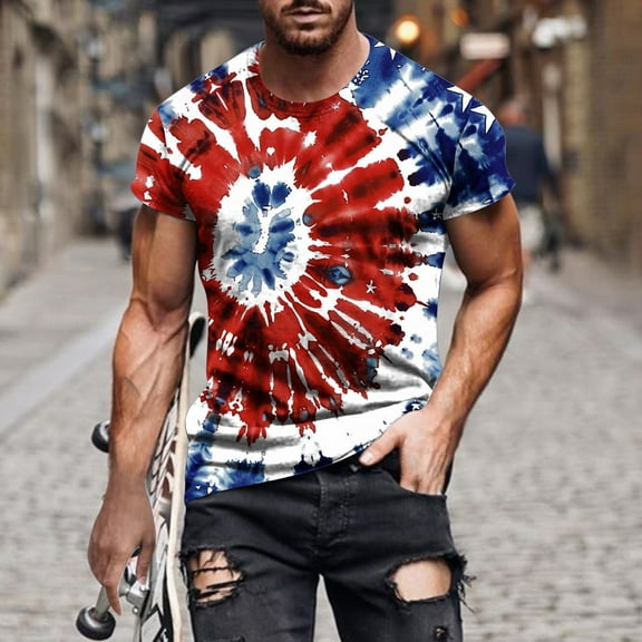 CFLVAEK Tie Dye T Shirts for Men 4th of July Patriotic Graphic Tees Loose Short Sleeve Crewneck Summer Tshirts Memorial Day Gifts for Men M