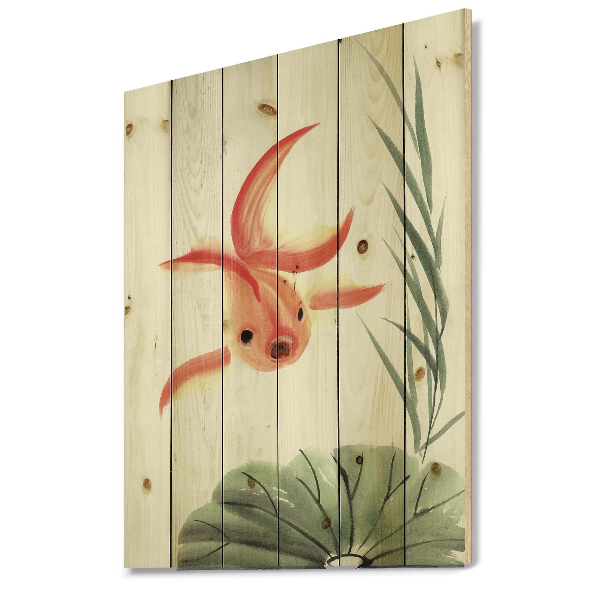 Designart 'Ancient Goldfish and The Lotus Leaf' Nautical & Coastal Print on Natural Pine Wood