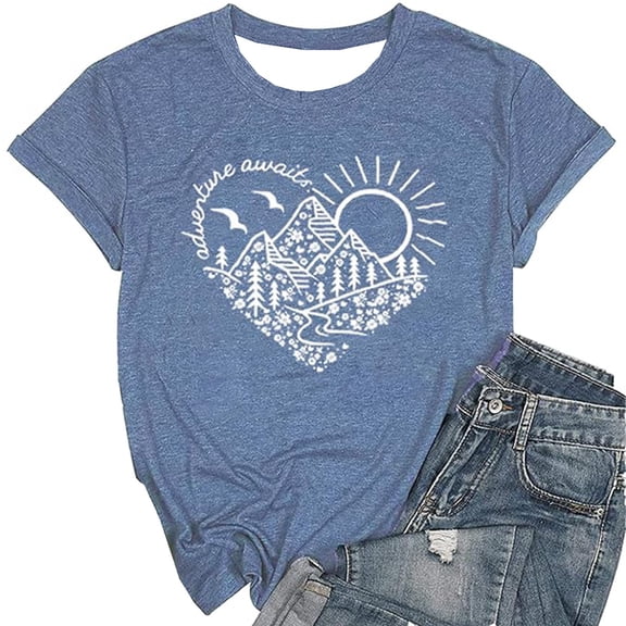 DHFJKG Women's Graphic Tee Short Sleeve Crew Neck Sunrise Printed T Shirt Loose Fit Soft Casual Daily Wear Stylish Tops