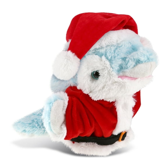 DolliBu Santa Dolphin Stuffed Animal Plush Hand Puppet - Super Soft Ocean Life Animal Dress Up with Red Santa Claus Outfit, Cute Holiday Christmas Gift - 12 Inch