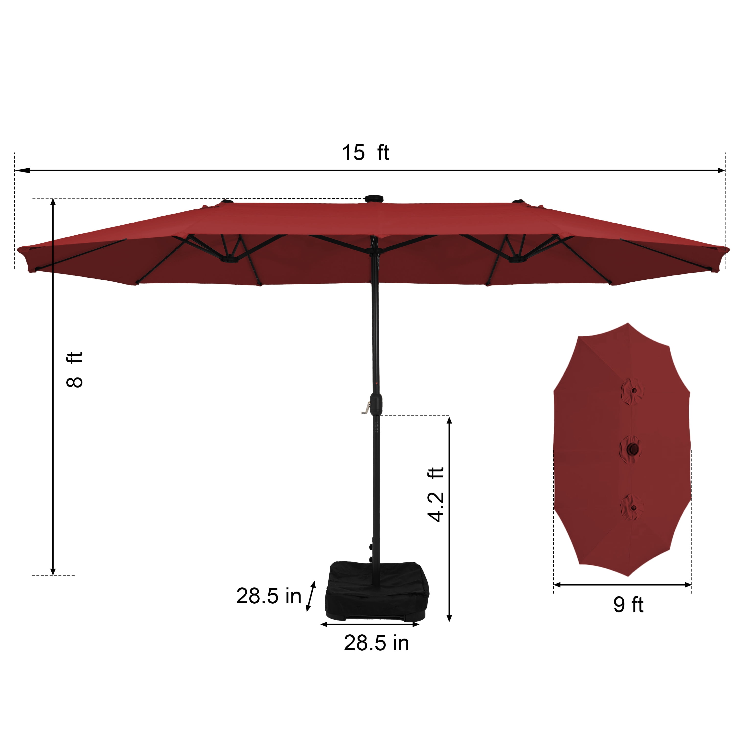 HARBOURSIDE Solar-Powered Double-Sided 15 ft Outdoor Patio Umbrella with 144 LED Lights, Includes Sandbag Base & Protective Cover,Red