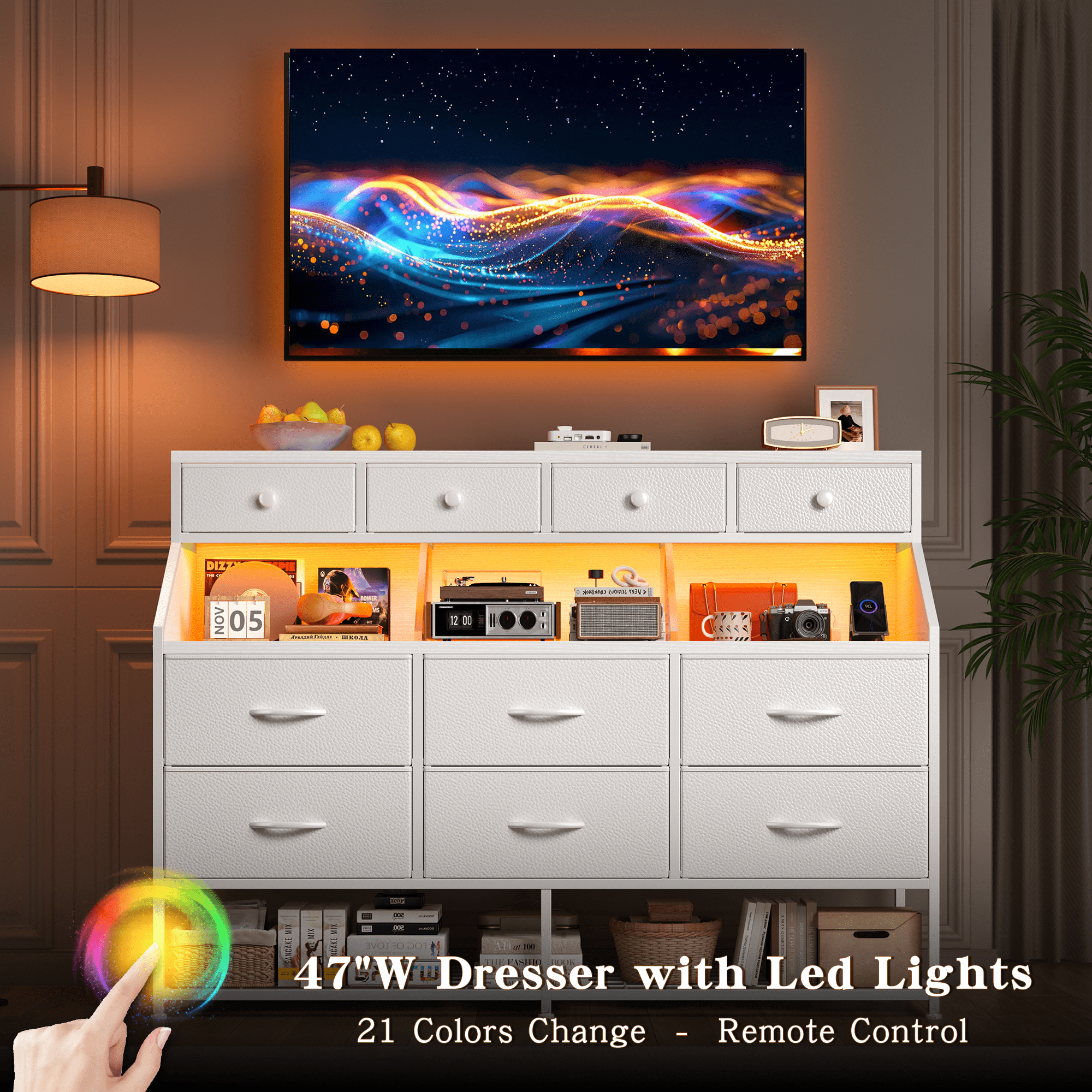 EnHomee White Dresser with Shoe Rack 10 Fabric Drawers Dressers for Bedroom Dressers & Chests of Drawers with Power Outlets and LED Lights
