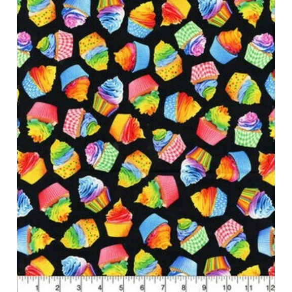 Tiedye Cupcakes on Black Cotton Fabric