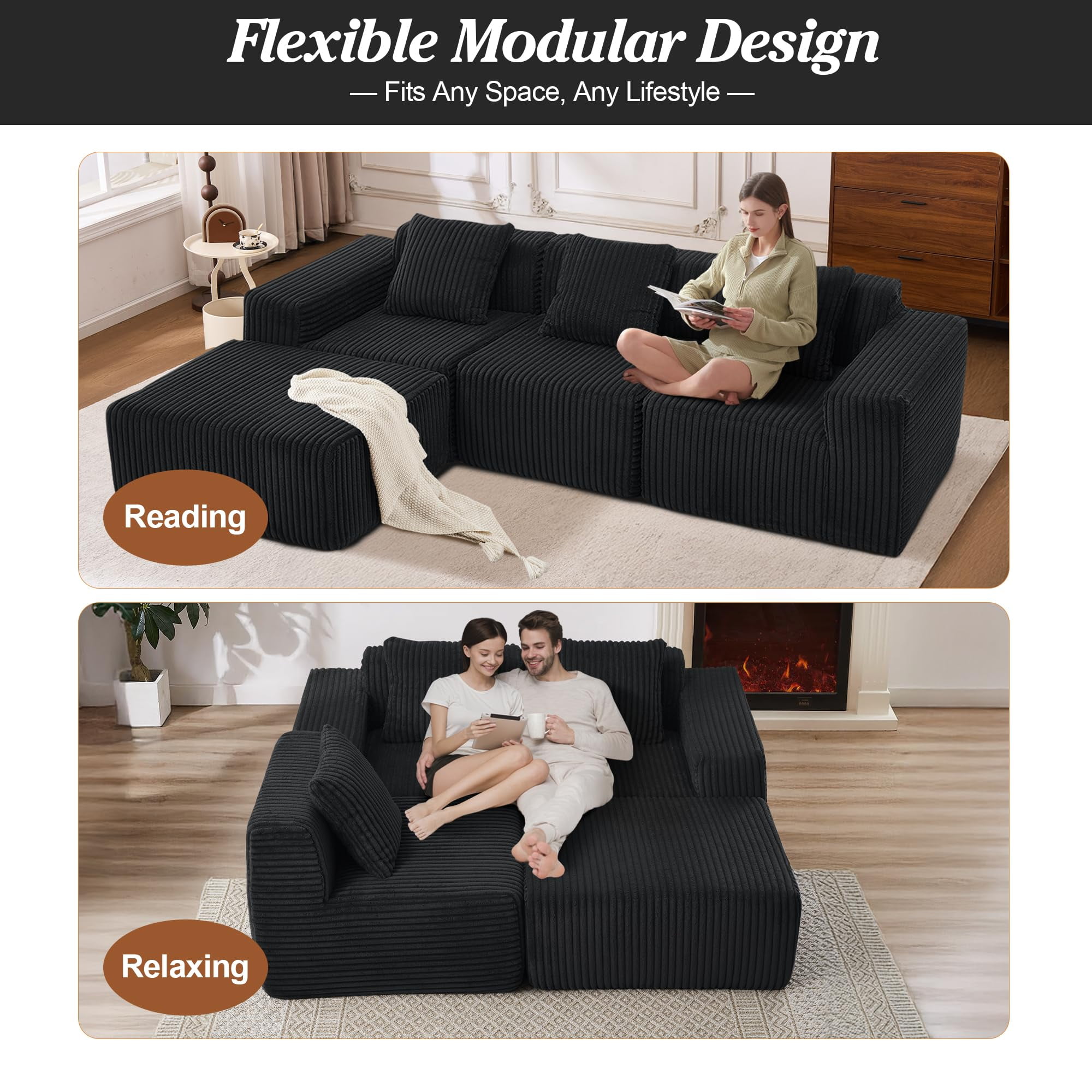 101" Boneless Memory Foam Sectional Sofa, Corduroy Could Modular Sectional Couch, Comfy L Shaped Compression Couches with Chaise for Living Room, No Assembly Required (Black, 101in)